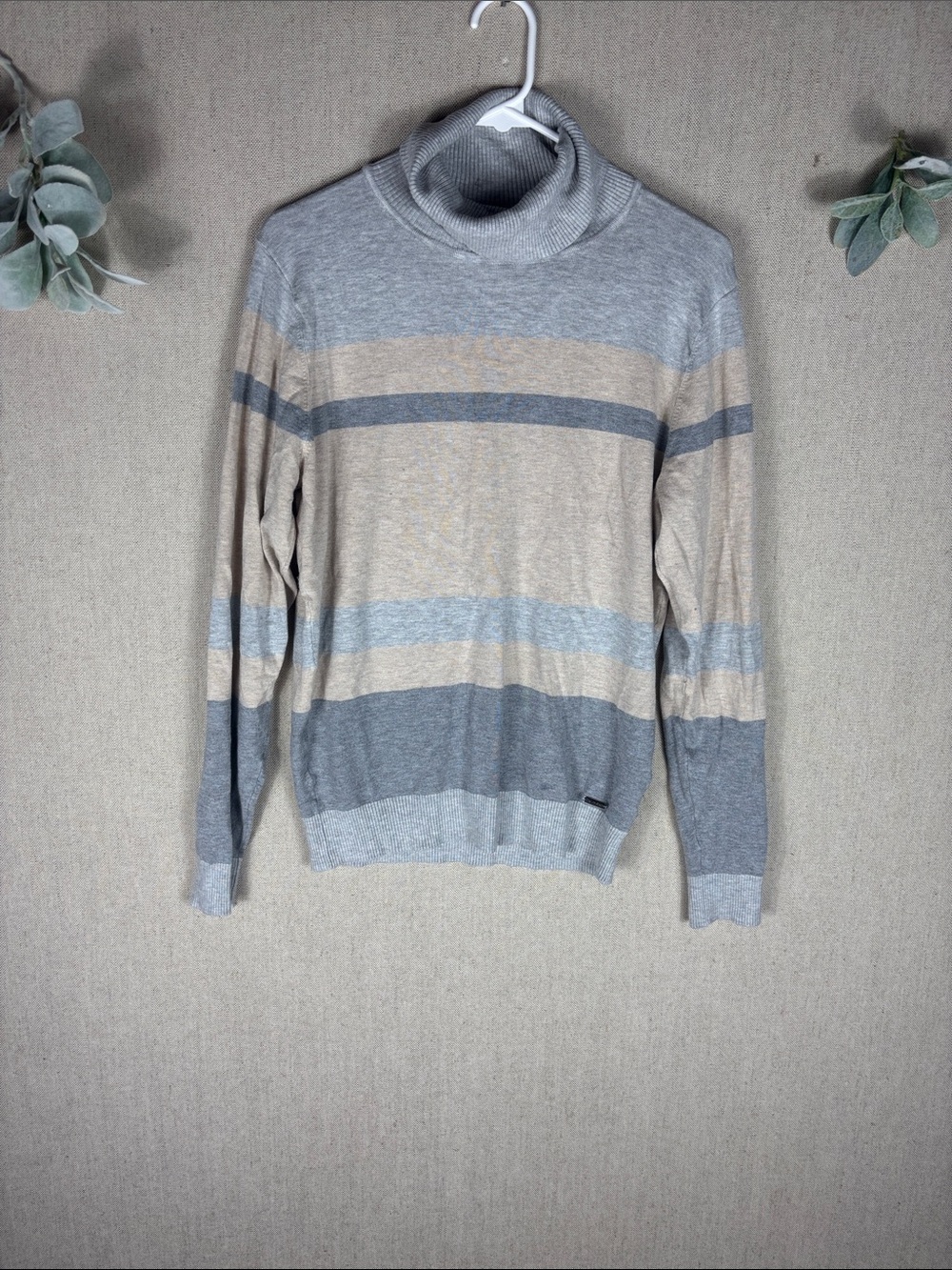 Calvin Klein > Striped Turtleneck Sweater in Gray and Tan Large